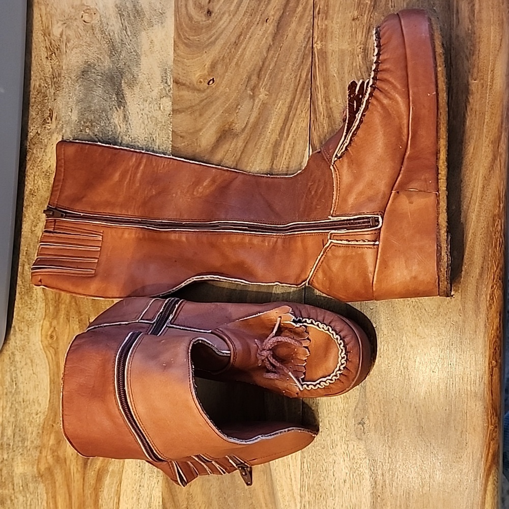 Women’s Tan Leather Wedge Knee Boot with Zip